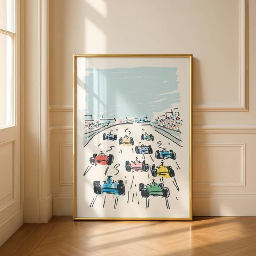Vintage Race Car Nursery Wall Art – Retro Formula One Poster, Minimalist Kids Room Decor, Boys Room Printable