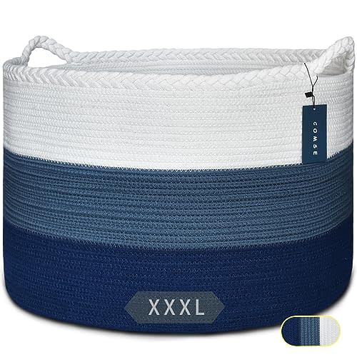 COMSE XXXLarge Woven Blanket & Laundry Basket, 87L, White & Blue | 21.7" x 13.8", Cotton Rope, Nursery Hamper for Storage of Toys Clothes Towels, Ideal for Living Room Bedroom Bathroom