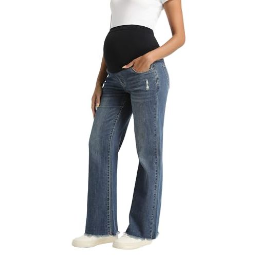 Foucome Women's Maternity Jeans Straight Leg Relaxed Fit Comfy Stretchy Trendy Pregnancy Denim Pants