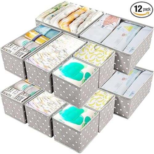 Fabric Drawer Organizer Bins for Nursery – 12 Pack Clothe Drawer Dividers for Baby Dresser, Grey Heart Pattern Storage Boxes for Clothes, Diapers & Accessories