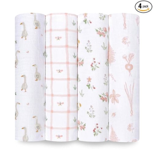 aden + anais Essentials Baby Muslin Swaddle Blankets, Newborn Receiving Blanket for Swaddling, 100% Cotton Baby Swaddle Wrap, 4 Pack, Country Floral