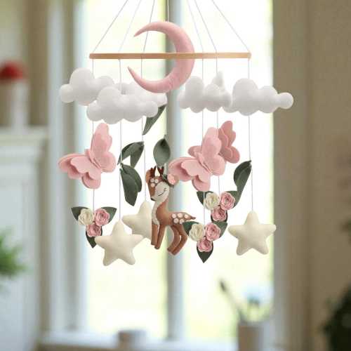 Woodland Deer Baby Mobile for Girl • Butterfly & Flower Crib Mobile • Handmade Nursery Decor • Baby Shower Gift for Newborn Girl