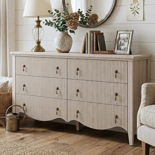 FUSUNBAO 6-Drawer Fluted Dresser, Wide Double Chest of Drawers,Nature Oak