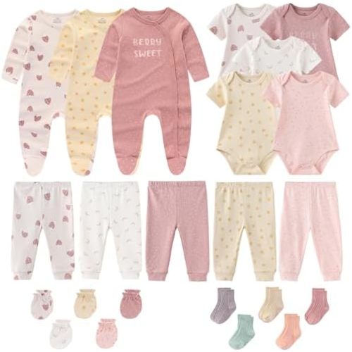 Newborn Baby Boy Girl Clothes Cotton Ribbed Mix Unisex Infant Bodysuit Pant Outfits 23 Pcs Layette Gift Set