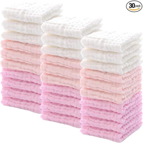 Chumia 30 Pcs Baby Muslin Washcloths Muslin Burp Cloths Baby Towel Natural Cotton Burp Cloths Wipes Soft Newborn Face Towel Absorbent for Face Bath Shower, 12 x 12'' (Light Pink, White, Pink)