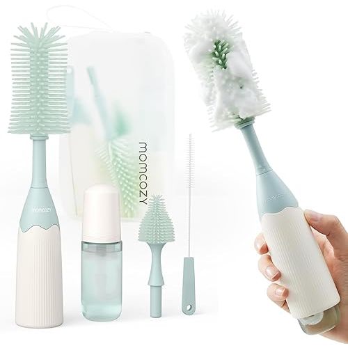 Momcozy Bottle Brush Kit, Innovative Push-Press Design for Better Cleaning - Baby Bottle Cleaner Brush for Baby Bottle, Breast Pumps, Nipples, and More - Can Generate Foam for Better Cleaning, Green