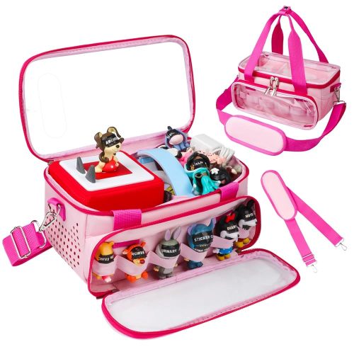 Carrying Case Compatible with Toniebox Starter Set with Audio Play Side, Portable Organizer Case for Tonies Figures Storage with Elastic Band& Clear Window for Character Display (Pink)