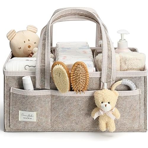 PeraBella XL Diaper Caddy Organizer With Handle, Baby Shower Gifts Basket Bag, Registry Search Must Haves Items, Newborn Girl Boy Nursery Storage Organizer, Baby Bag Essentials, Car Diaper Caddy Cart