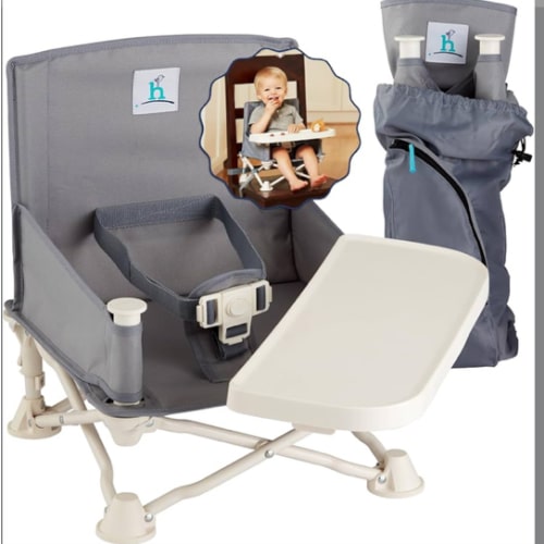 Hiccapop OmniBoost Travel Booster Seat with Tray for Baby, Dining Table, Camping, Beach, Grandma’s | Folding Portable Tip-Free Design Straps to Kitchen Chairs