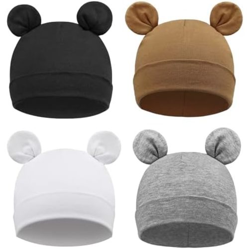 DRESHOW BQUBO 4 Pieces Baby Beanie Newborn Toddler Cute Bear Ears Knit Hat Hospital Hats for Baby Boys Girls