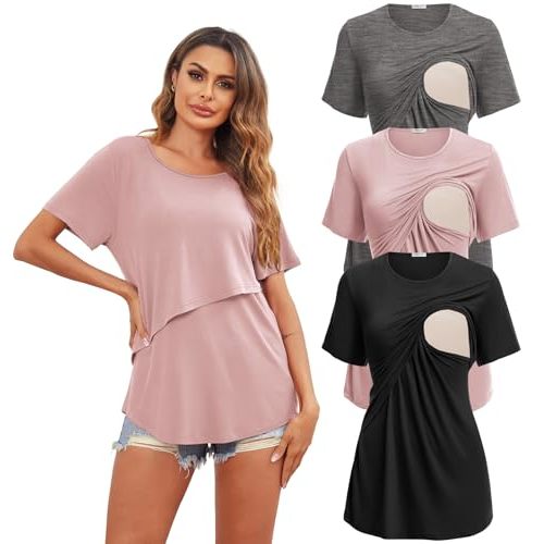 3 Pack Women Nursing Tops Short Sleeve Breastfeeding Shirts Maternity Tees | Lightweight Pregnancy T-Shirts, Double Layer Nursing Design, Best Gift for Mom, Classic Round Neck Blouse, Mom Outfit Wear