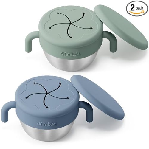 Snack Containers for Toddlers Kids, 12 OZ Spill Proof Stainless Steel Baby Snack Cups with Removable Silicone Food Catcher, Handles & Travel Lid BPA-Free Dishwasher Safe Food Container 2 Pack