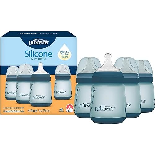Dr. Brown's Silicone Baby Bottle with Collapsible Insert Designed to Reduce Colic, 5 oz with Wide-Neck Level 1 Slow Flow Nipple, BPA-Free, 0m+, Blue, 4-Pack