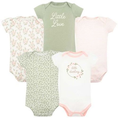 Hudson Baby Infant Girls Cotton Bodysuits 5-Pack, Pink Sage Florals, Newborn