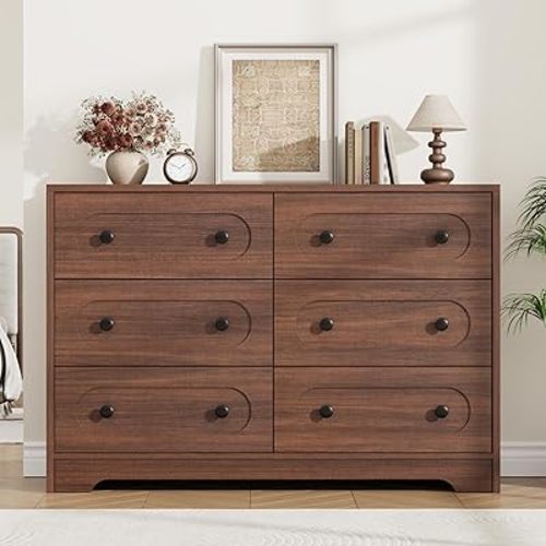 Garvee 6 Drawer Dresser for Bedroom, 47" Wide Large Dresser with Deep Drawers & Metal Knobs, Wooden Mid Century Modern Chest of Drawers for Living Room, Entryway, Hallway, Walnut