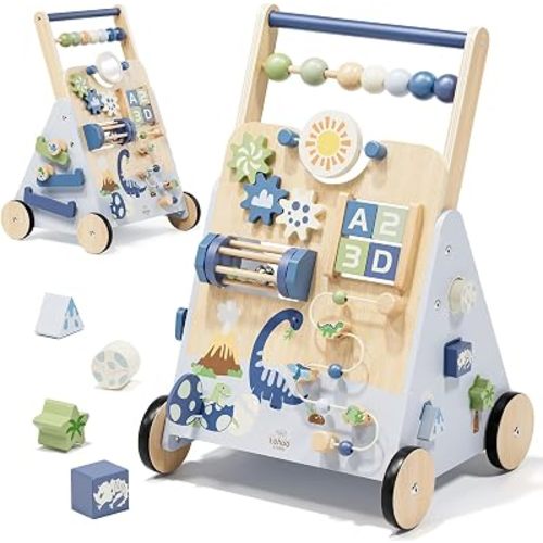 Lehoo Castle Dinosaur Wooden Baby Walker for Boys, Push Walker with Activity Center & Adjustable Speed Wheels, Montessori Toys 1st Birthday Gift for 1 Year Old Boys