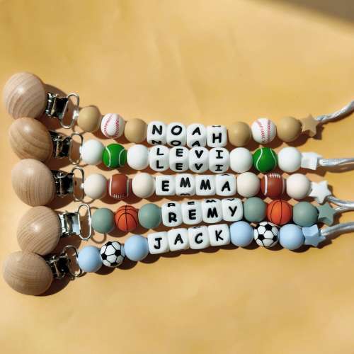 Pacifier Clip Personalized,Baby Dummy Chain,Baby Boy Girl Gift,Coming Home Gift,Baby Shower gift,Handmade Quality,Football, Basketball fans