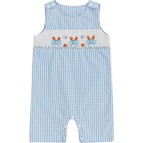 Newborn Baby Boys Sleeveless Seersucker Romper One Piece Straps Overalls Striped Jumpsuit Summer Smocked Clothes