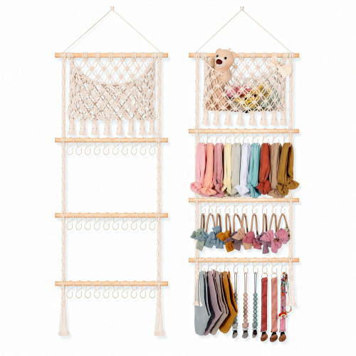 4 Tier Headband Holder Bow Organizer for Girls, Boho Macrame Hair Accessories Organizer Wall Organizer with Large Capacity Storage, Wall-Mounted Racks for Bedroom Storage Decor