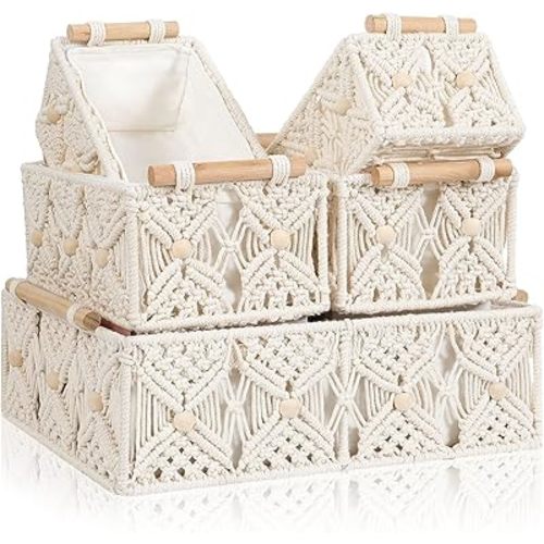 Boho Storage Baskets for Organizing 5 PCS Macrame Decorative Hand Woven Storage Bins with Natural Wooden Handles Beads Box Cotton Rope Wicker Boxes Set for Tabletop Shelf Bathroom Organizer Container