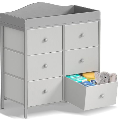 BOLUO White Changing Table Dresser with 6 Drawers Baby Dresser with Changing Table Top Diaper Changing Station with Storage for Nursery Modern