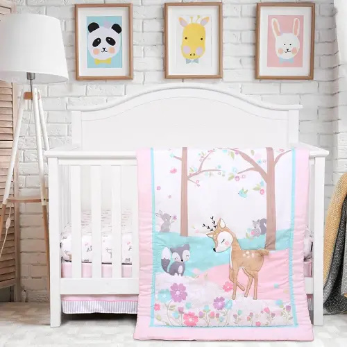 UOMNY Crib Bedding Set for Girls 3 Piece Woodland Baby Girl Crib Bedding Set Include Fitted Crib Sheet Comforter Crib Skirt