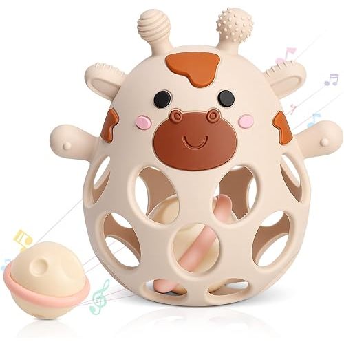 2-in-1 Baby Teething Rattle Toys, Easy Grasp Silicone Teethers for Babies 3-6 6-12 Months, Teething Relief & Developmental, Perfect Baby Sensory Chew Toys for Newborns Infants
