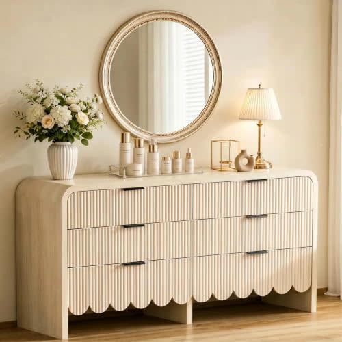 Fluted 6 Drawer Dresser for Bedroom 59" Wide Dresser Chests of Drawers with Metal Handle Modern Wood Dresser with Wave Texture Design Large Dresser TV Stand