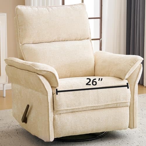 Rhevoy Oversized Recliner Chair, 26" Extra Wide 360° Swivel Rocker Recliner with Adjustable Headrest, Chenille Glider Rocking Nursery Chair with Overstuffed Armrest, Lumbar Support, Beige