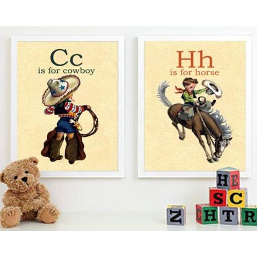 C is for Cowboy, H is for Horse-Retro Vintage Boy Cowboy Buckaroo A4 2 alphabet flashcard print wall art set