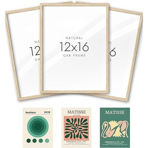 KensTro 12x16 Set of 3 Natural Oak Wood Picture Frame with 3 Green Prints,12x16 Minimalist Natural Solid Wooden Picture Frames for 12"x16" Posters,Wall Art,Photos,Prints,Paintings