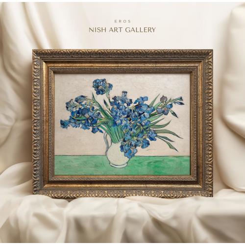 Framed Van Gogh Irises Print: Vintage Flowers Oil Painting, Ornate Gold Frame #113