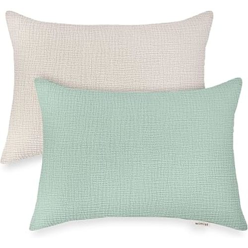Toddler Pillowcases for 13"x18" Pillow 2 Pack, Muslin Small Toddler Baby Kids Travel Pillow Covers for Boys Girls with Envelope Closure (Beige & Sage, 13 x 18 Inch)