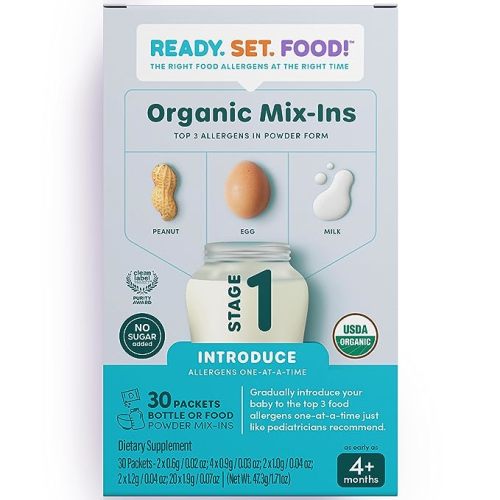 Stage 1 Mix-ins – Safe & Easy Early Allergen Introduction for Babies 4+ Months, Mix with Breastmilk, Formula & Baby Food, With 3 Top Allergens: Organic Peanuts, Milk & Eggs By Ready Set Food!(30 Days)