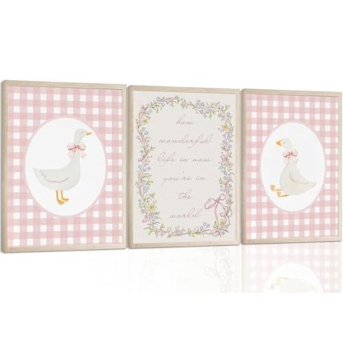 zxcvbn888 3PCS Goose Nursery Wall Art Girl Bow Coquette Canvas Print Vintage Duck Pink Gingham Posters Poem Lullaby Nursery Wall Decor for Baby Girl Room Bedroom Living Room Unframed