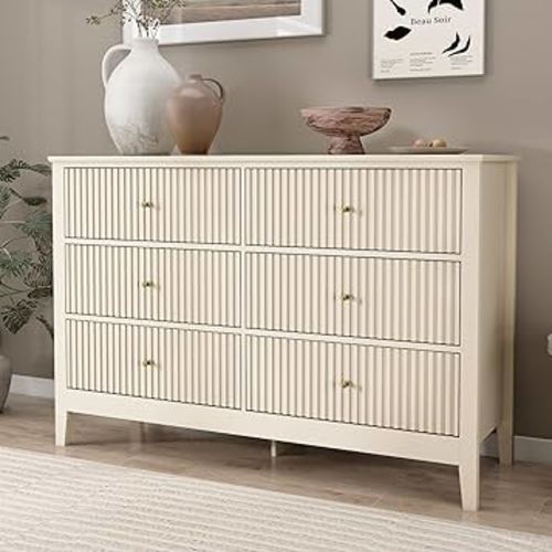 Beige Dresser for Bedroom, 6 Drawers Fluted Chest of Drawers with Storage, Modern Wide Storage Dresser with Paint Design, Wood Drawer Organizer Beige Dressers for Entryway, Hallway