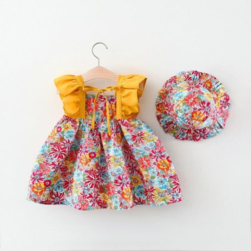 MyKids-USA Baby Girl Flower Pattern Butterfly Sleeve Design Cute Dress With Hat Red 90 12-24M