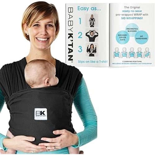 Breeze Baby K'tan Baby Carrier Breathable 100% Cotton Mesh | Hands Free Wrap for Infants | No Rings Or Buckles | Black | Large