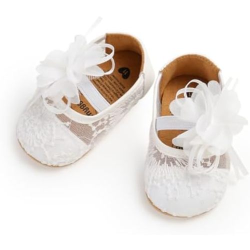 Baby Girls Mary Jane Flats with Bowknot Flowers Princess Wedding Dress Ballet Shoes Non-Slip Toddler First Walkers Newborn Crib Shoes