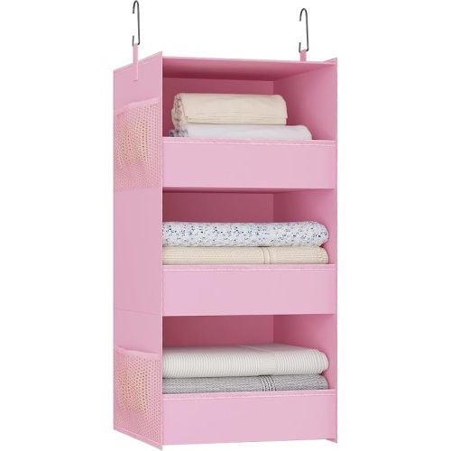 3-Shelf Hanging Closet Organizer, Washable Foldable Storage Shelves, Pink