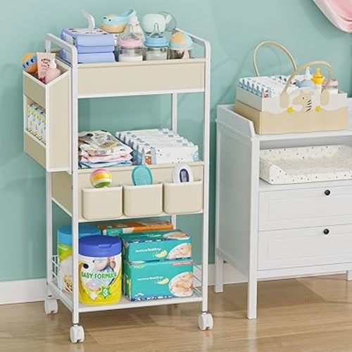 3-Tier Baby Diaper Caddy Cart with Wheels, Nursery Storage Organizer with Dividers & Pockets, Mobile Metal Utility Cart for Baby Essentials, Bedroom, Bathroom, Kitchen & Office