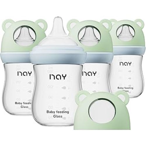 Natural Glass Baby Bottle for Breastfeeding Babies, 5.4oz Anti-Colic Baby Bottle with Natural Response Nipple(S), Clear, Wide Neck, 4 Pack, 1 Months+
