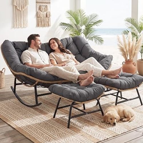 BULEXYARD Double Papasan Rocking Chair Outdoor, 2 Person Oversized Wicker Patio Egg Rocking Chair with Ottoman and Cushion, Heavy Duty Comfy Loveseat for Balcony, Porch, Garden, Grey