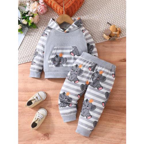 Baby Boy 2pcs Set, Elephant Print Hoodie Top And Casual Pants, For 6 Months To 2 Years | SHEIN USA