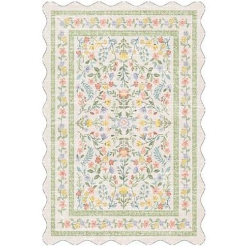 Fulvari 10x13 Washable Area Rug Non Slip Low Pile Boho Floral Small Carpet for Bedroom, Bedside, Kitchen, Entryway, Kids Room, Office White