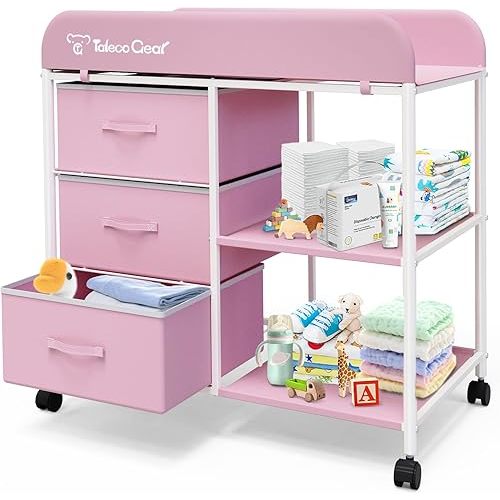 Baby Changing Table, Portable Changing Table, Diaper Changing Station with Waterproof Pad, Changing Table Dresser with 3 Storage Baskets, Mobile Nursery Organizer for Newborn Essentials