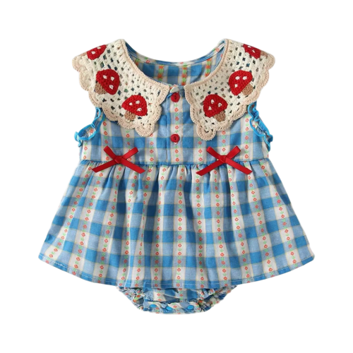 Blue Gingham Mushroom-Collar Baby Bodysuit Dress | Petit Hollow