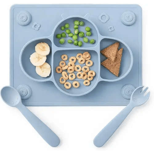 ROCCED Suction Plates for Baby placemat Spoon Fork Set for Toddlers, Silicone Baby Plates with Suction Baby Dishes for Kids Plates-Dusty blue