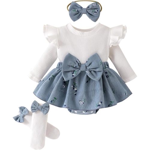 Giraropa Newborn Baby Girl Winter Clothes Ruffle Long Sleeve Romper Dress + Socks + Headband Cute Baby Girl Fall Outfits