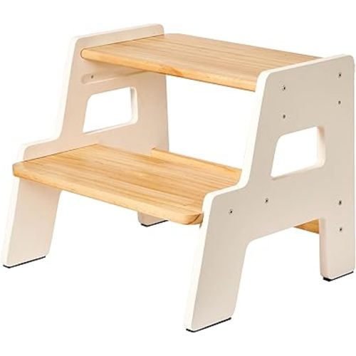 Toddler Step Stool for Kids - Height Adjustable Non-Slip Wooden Step Stool for Bathroom Sink, Kitchen & Potty Training 2-Step - White